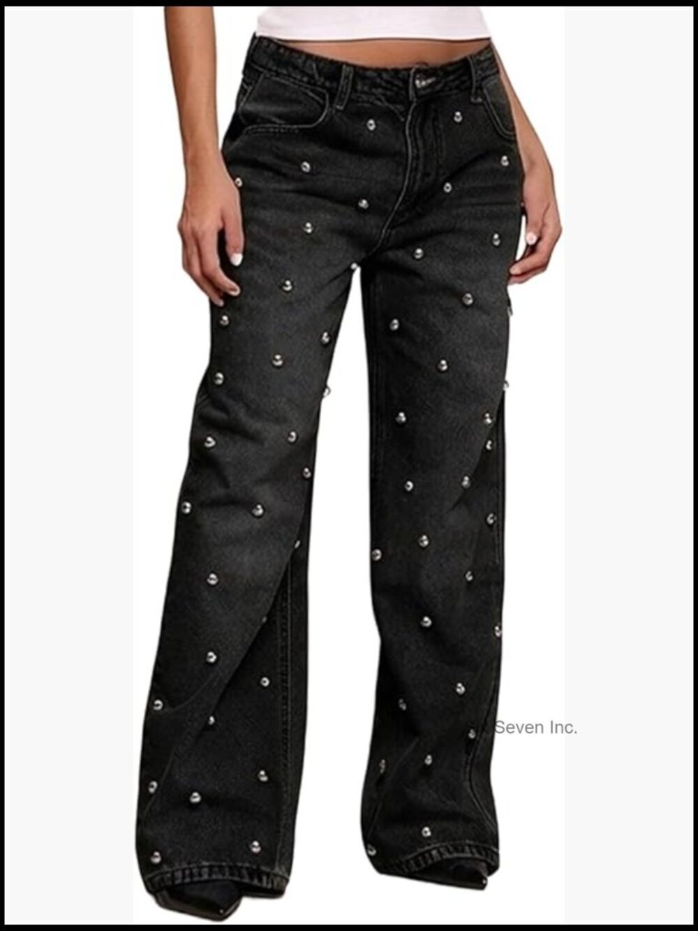 Women Rhinestone Pearl Embellished Wide Leg Jeans Y2K Bling Party Pants